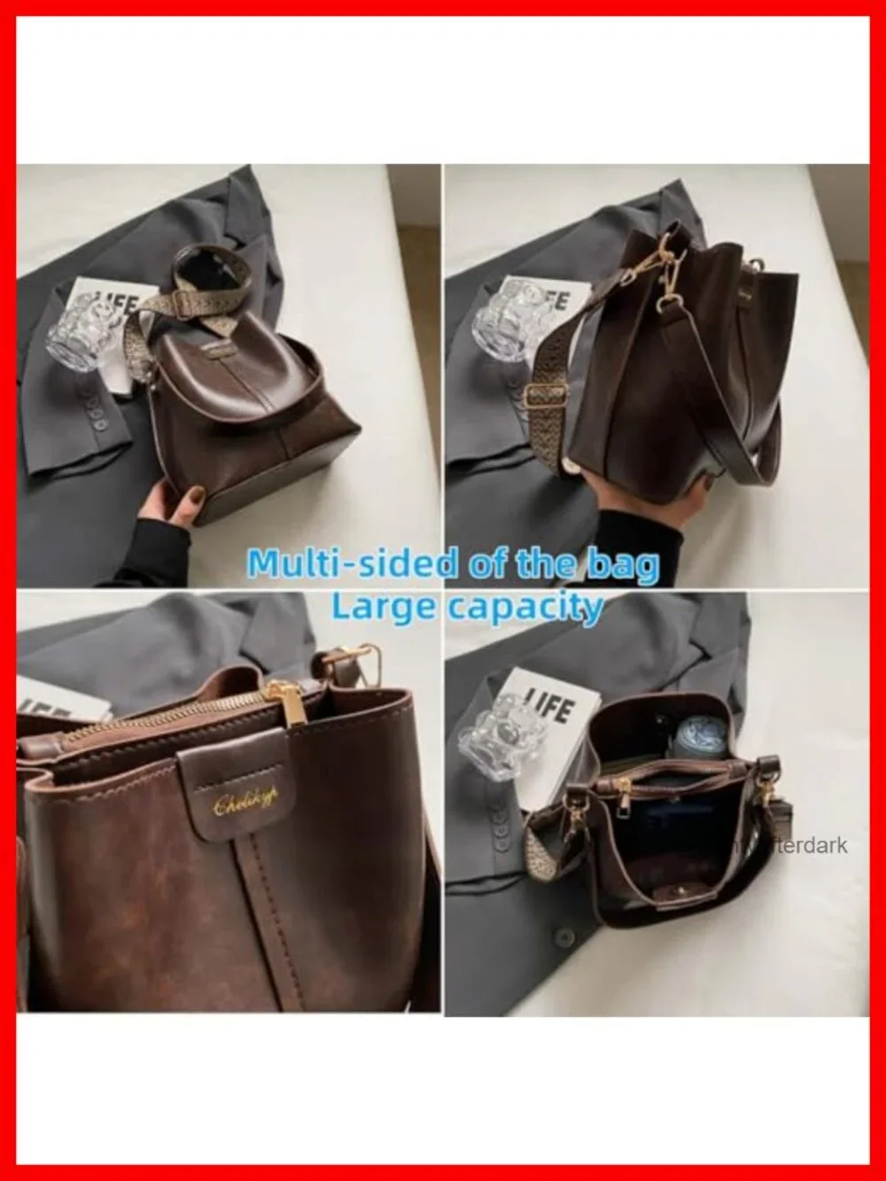 Vintage Bucket Crossbody Bag for Women, Large Capacity, Adjustable Strap,